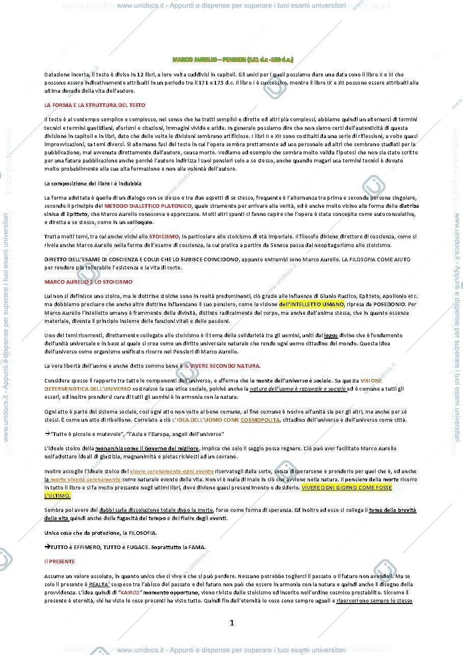 Anteprima pagina 1 — Riassunto Libri: Marco Aurelio "Pensieri" e Cartesio "Le passioni dell'anima"