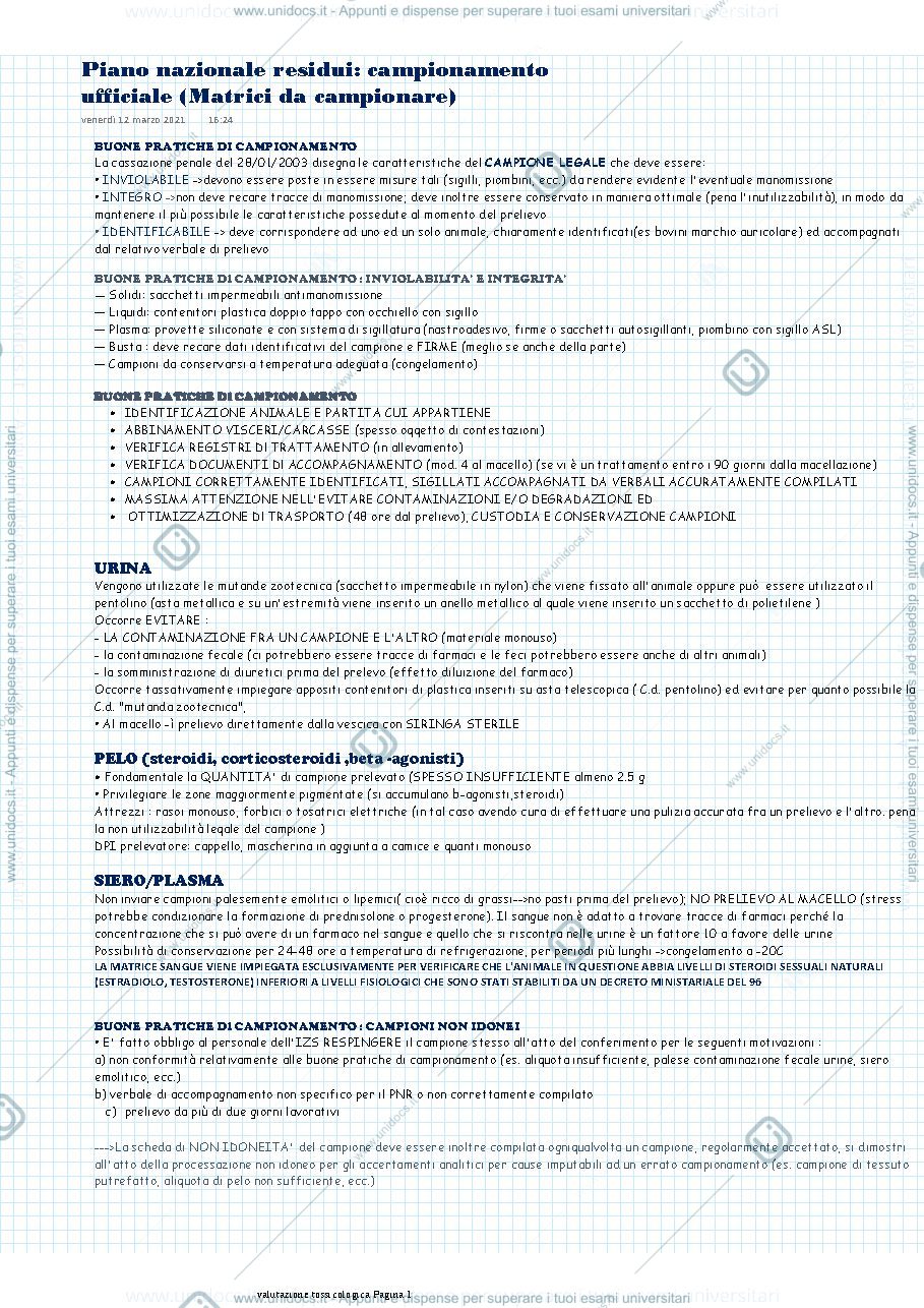 Anteprima pagina 1 — Piano nazionale residui: campionamento ufficiale (Matrici da campionare)