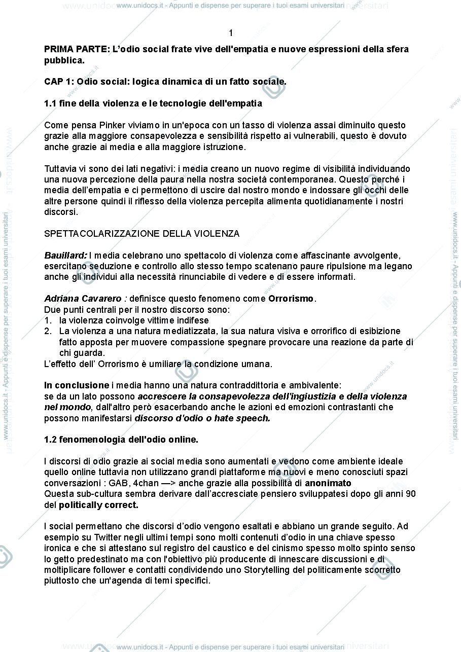 Anteprima pagina 1 — Riassunto primo capito Odio Social
