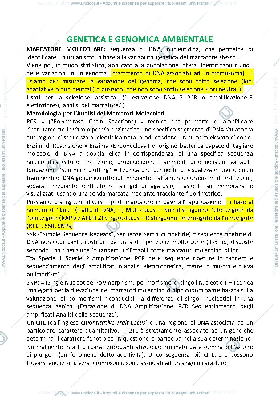 Anteprima pagina 1 — APPUNTI GENETICA E GENOMICA AMBIENTALE 