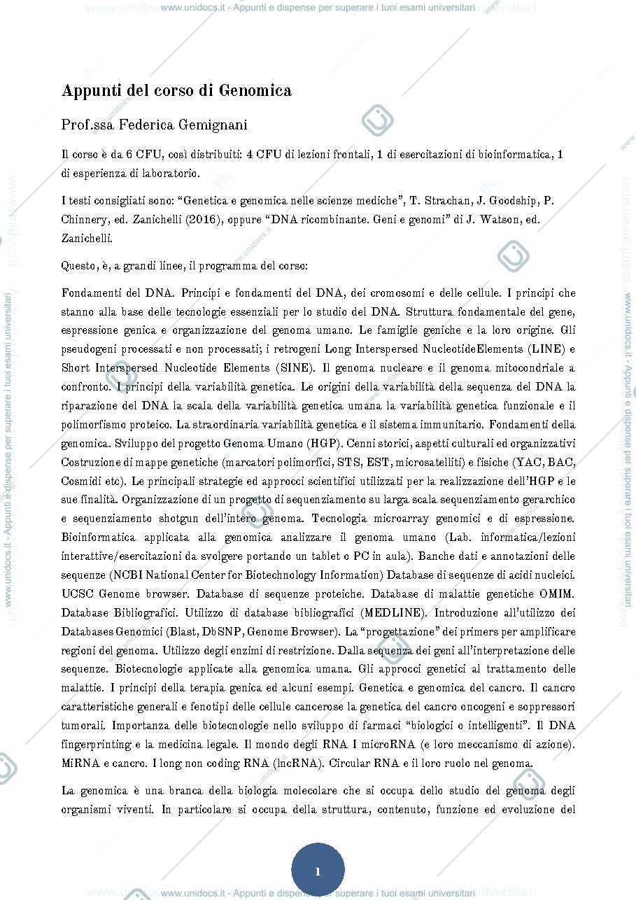 Anteprima pagina 1 — Appunti lezioni genomica + esercizi