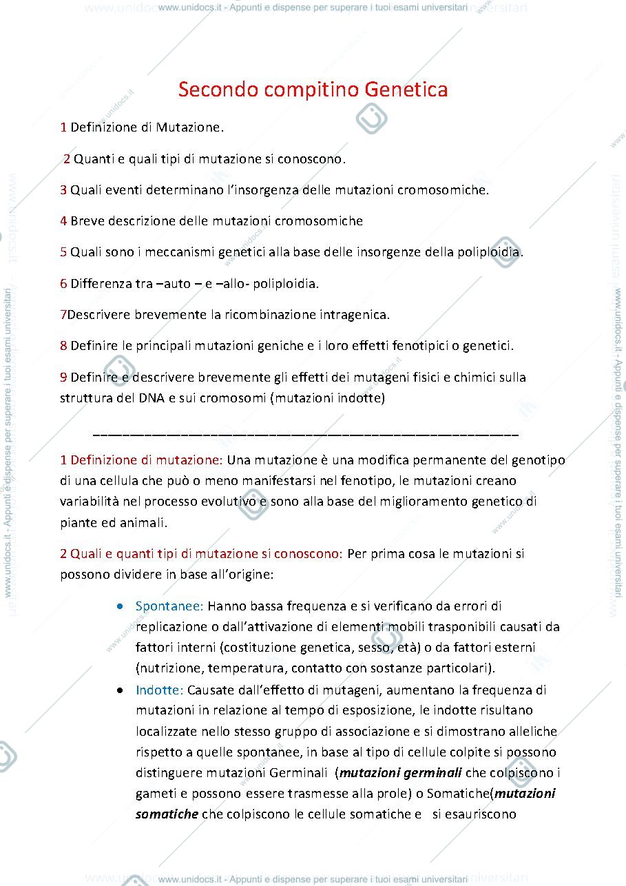 Anteprima pagina 1 — secondo compitino genetica