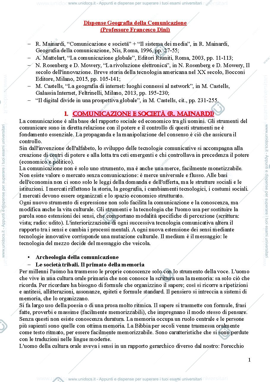 Anteprima pagina 1 — Riassunto Dispense Geografia Della Comunicazione