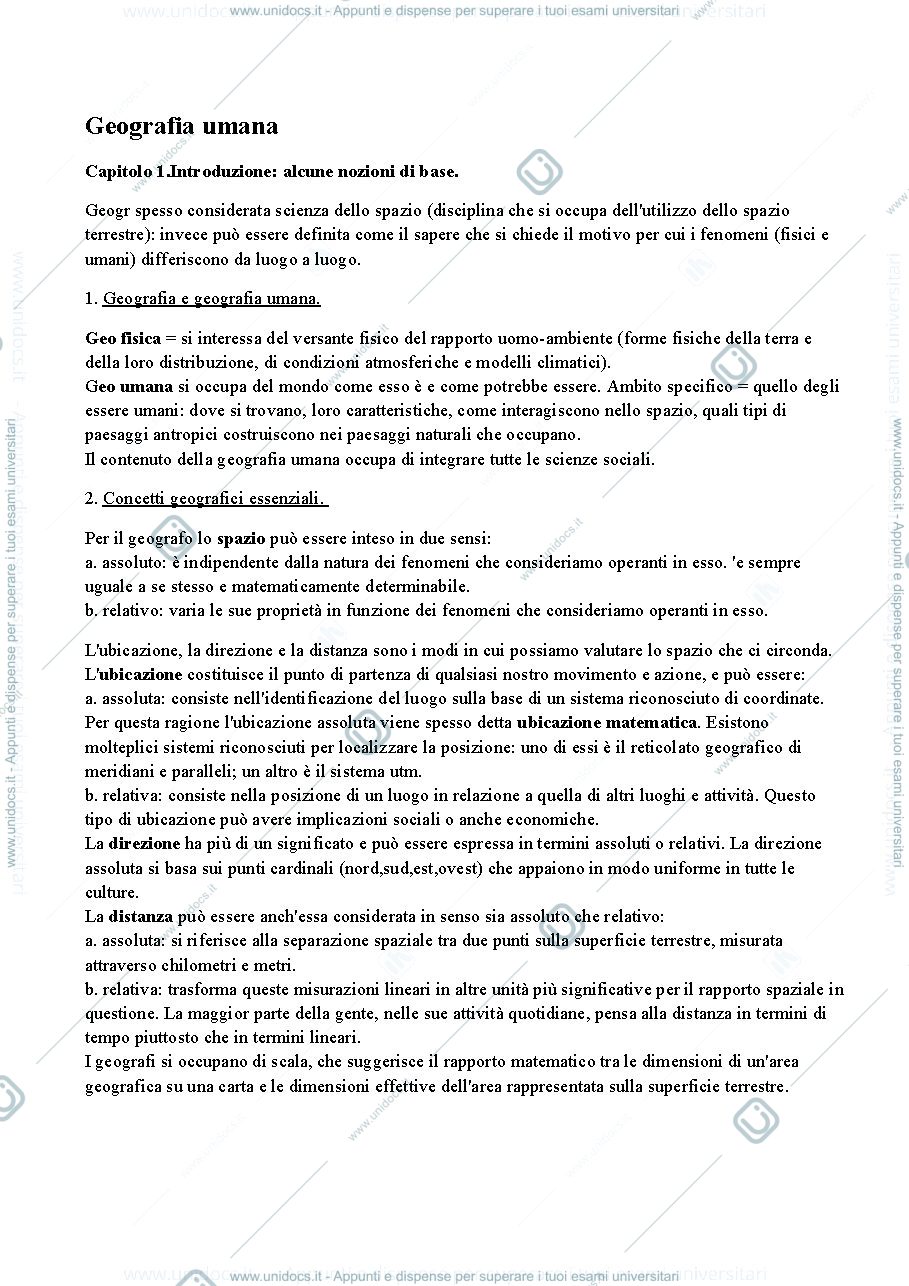 Anteprima pagina 1 — Riassunto completo del libro: "Geografia Umana"