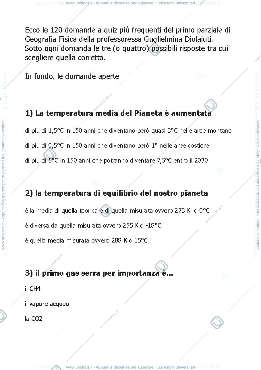 Anteprima pagina 1 — domande primo esame parziale di geografia fisica professoressa Guglielmina Diolaiuti
