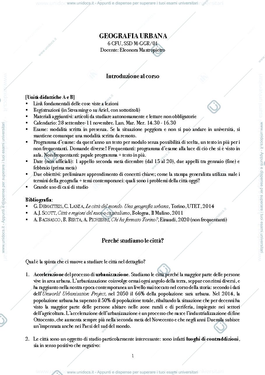 Anteprima pagina 1 — Appunti di Geografia urbana / a.a. 2020-2021 / 1 semestre