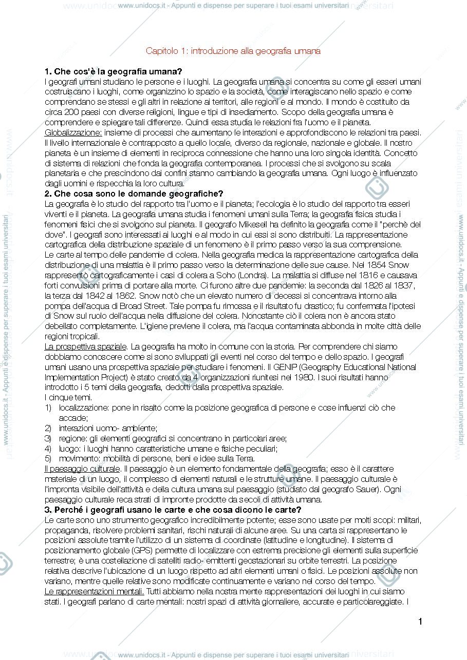 Anteprima pagina 1 — Riassunto manuale di geografia umana