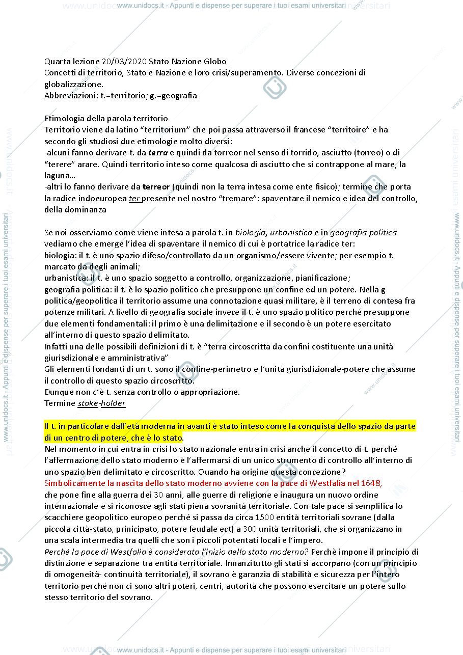 Anteprima pagina 1 — Concetti di Territorio, Stato, Nazione e Globo