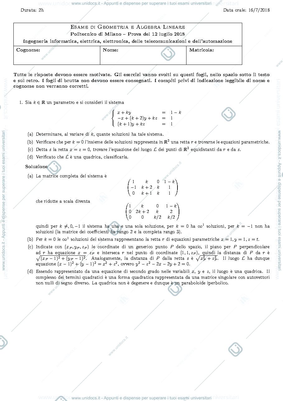 Anteprima pagina 1 — Testo e soluzione del compito del 12 luglio 2018 esame prof: Alessandra Cherubini