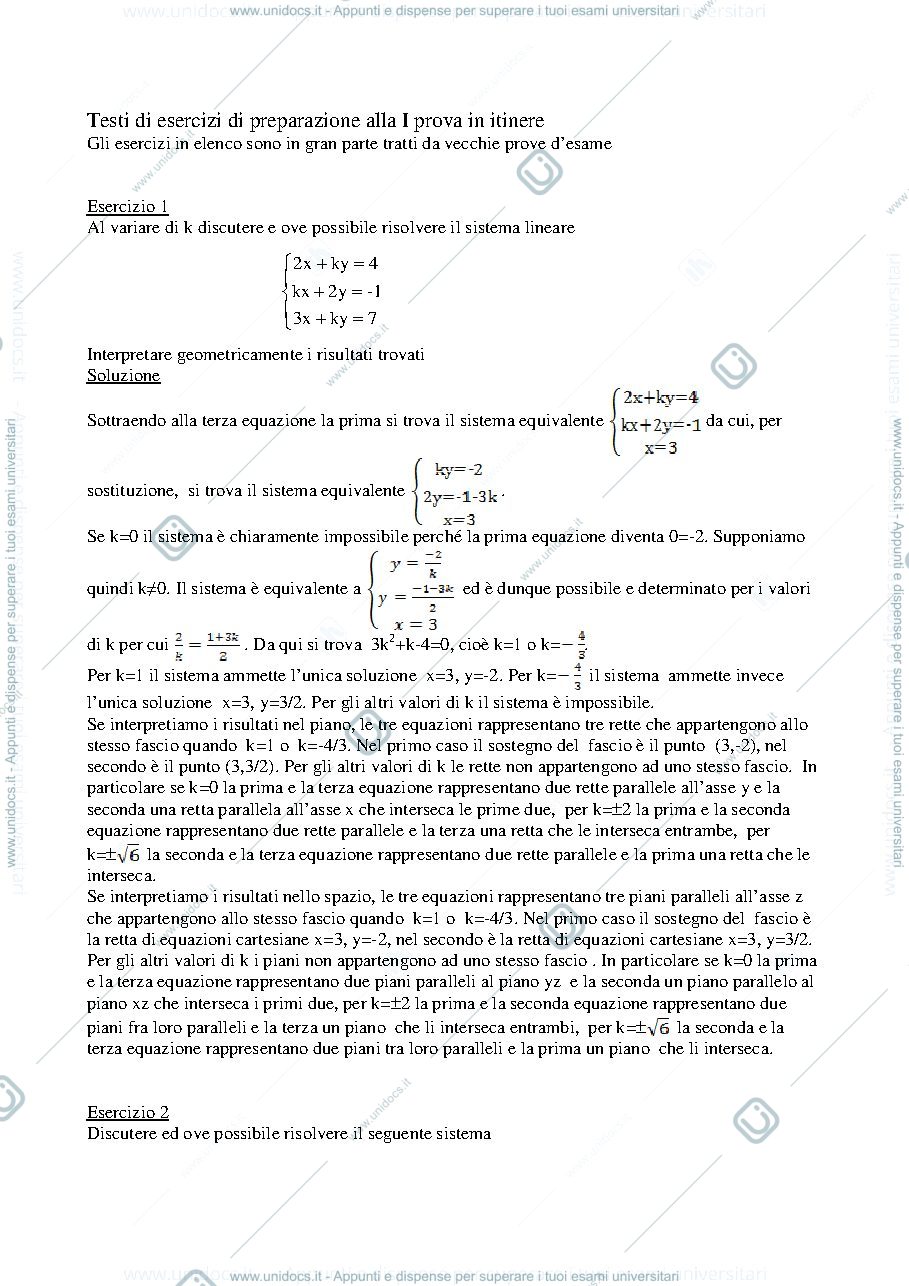 Anteprima pagina 1 — Esercizi su sistemi lineari e geometria (lineare) esercizi prof: Alessandra Cherubini