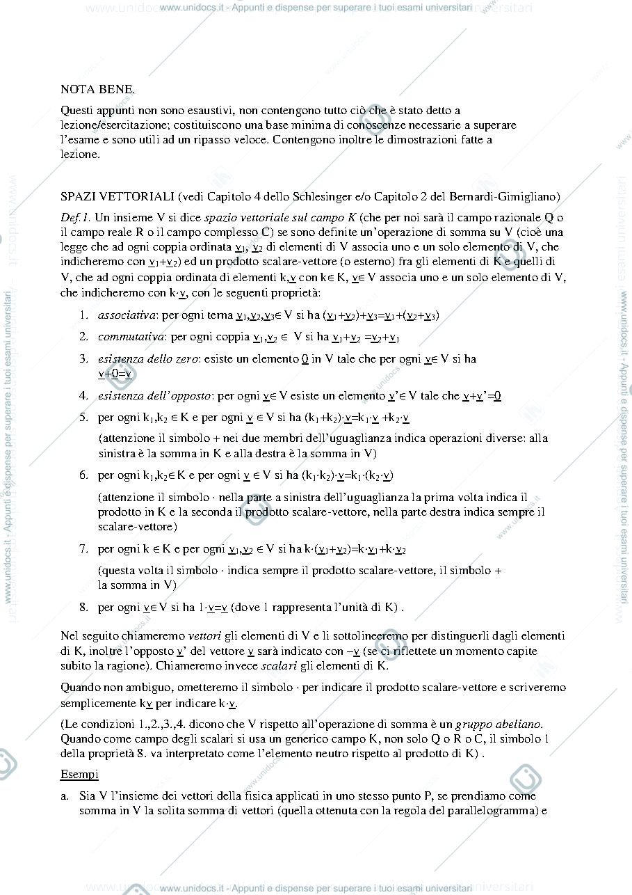 Anteprima pagina 1 — Nozioni base su spazi vettoriali della prof: Alessandra Cherubini