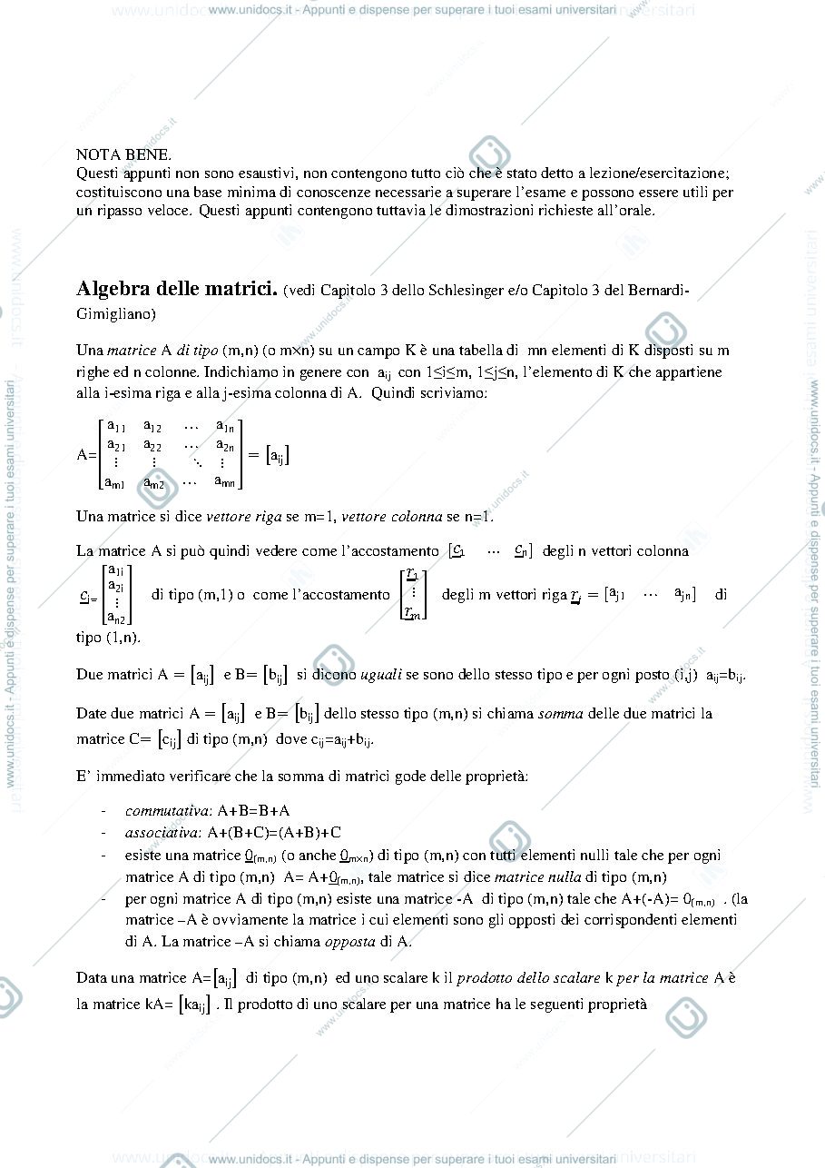 Anteprima pagina 1 — Nozioni base di algebra delle matrici della prof: Alessandra Cherubini