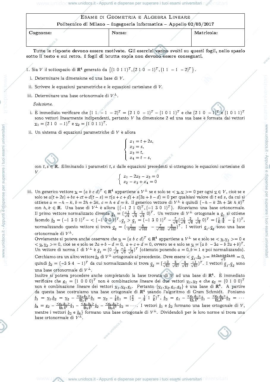 Anteprima pagina 1 — testo e soluzione del compito del 2 Marzo 2017 esame prof: Alessandra Cherubini