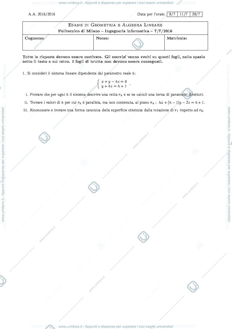 Anteprima pagina 1 — Testo e soluzione del compito del 7 luglio 2016 esame prof: Alessandra Cherubini