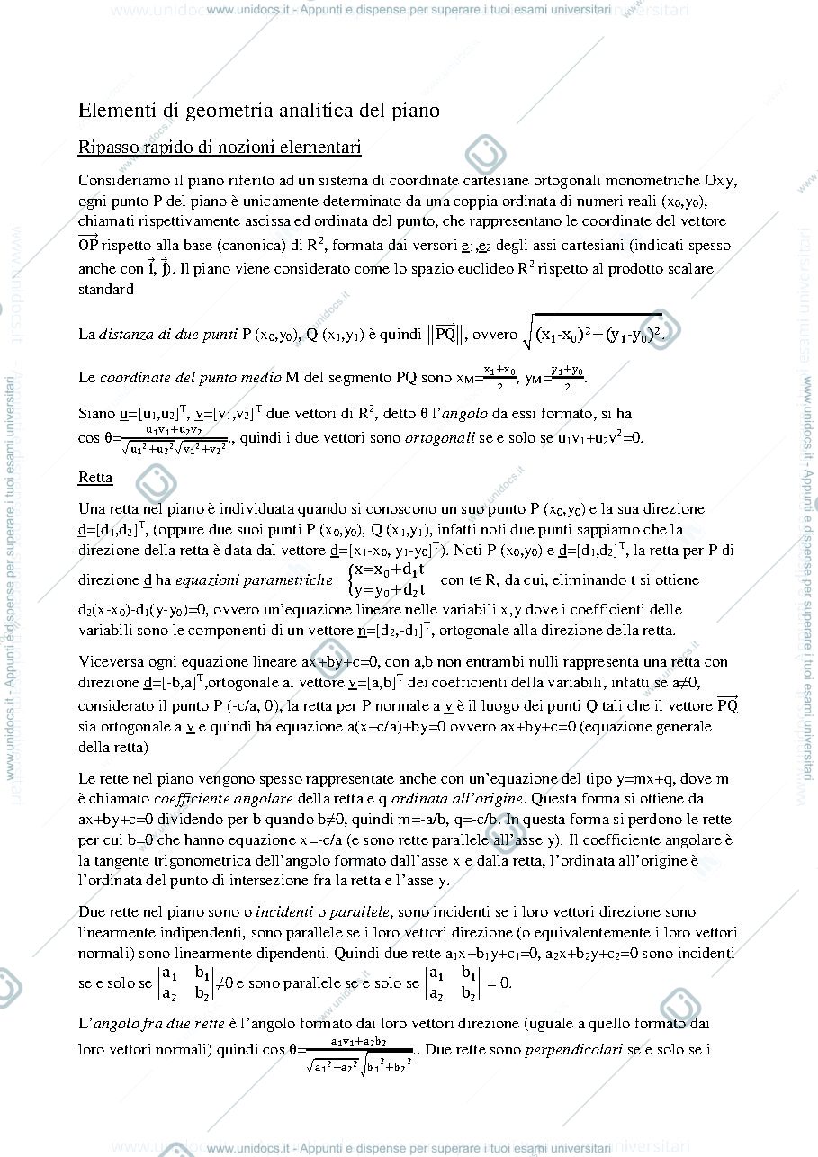 Anteprima pagina 1 — Nozioni base su geometria analitica del piano della prof: Alessandra Cherubini