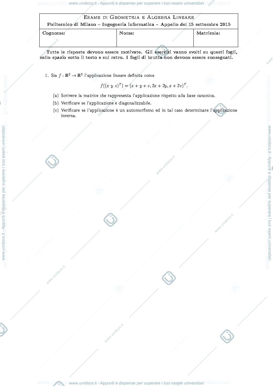 Anteprima pagina 1 — Testo e soluzioni del compito del 15-9-2015 esame prof: Alessandra Cherubini