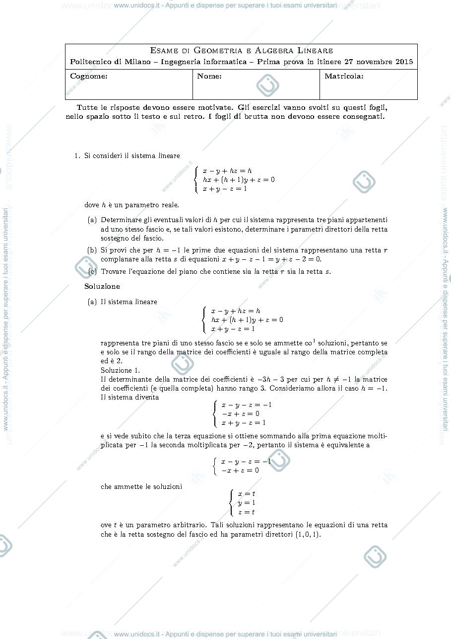 Anteprima pagina 1 — Testo e soluzione della prova del 27 novembre 2015 esame prof: Alessandra Cherubini