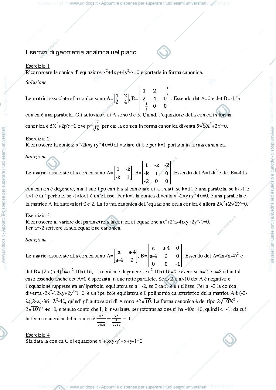 Anteprima pagina 1 — Testi e soluzione di esercizi di geometria analitica nel piano prof: Alessandra Cherubini
