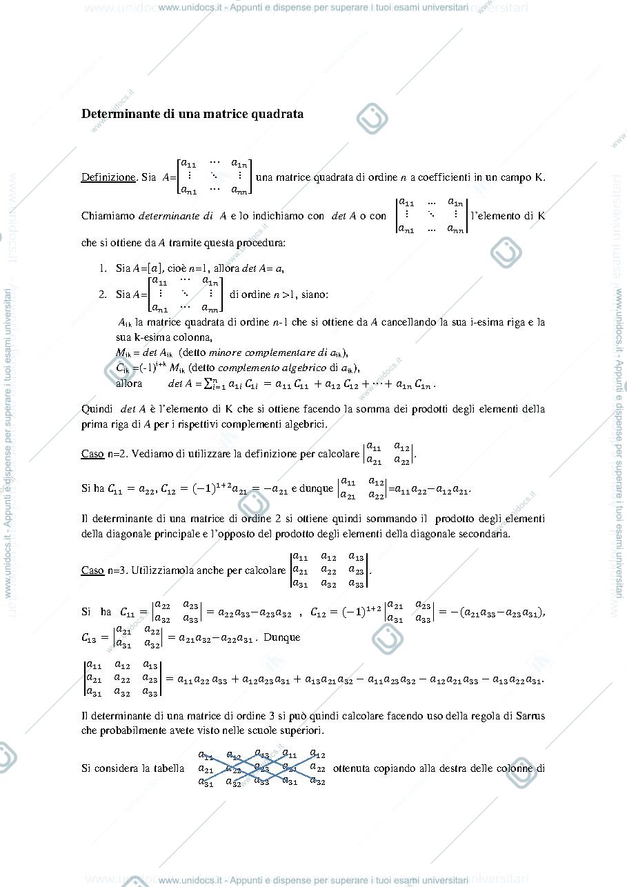 Anteprima pagina 1 — Nozioni base sul determinante delle matrici quadrate della prof: Alessandra Cherubini