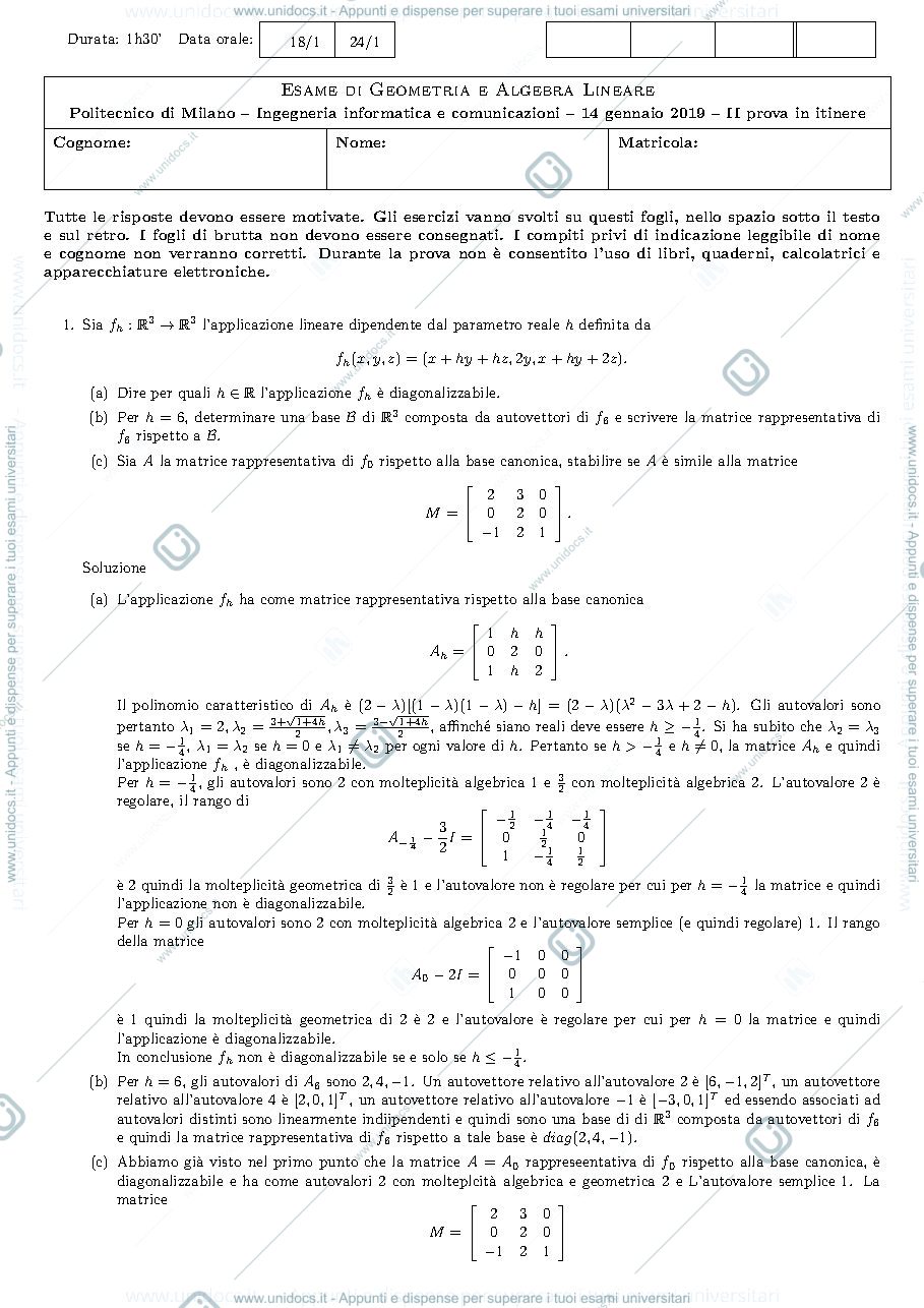 Anteprima pagina 1 — testo e soluzione dell'altra versione della prova del 14 gennaio 2019 esame prof: Alessandra Cherubini