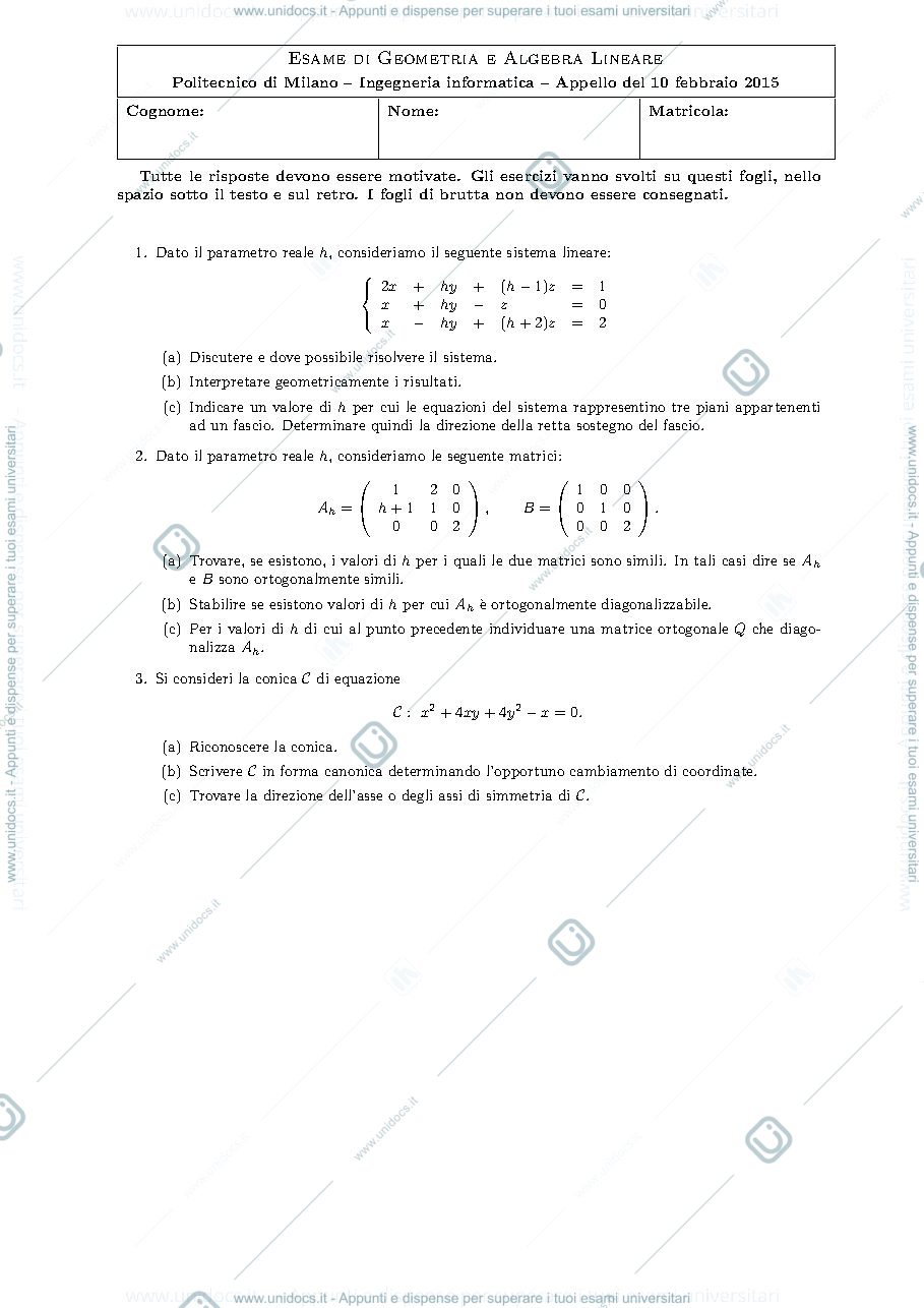 Anteprima pagina 1 — Testo e soluzione del compito di febbraio 2015 esame prof: Alessandra Cherubini