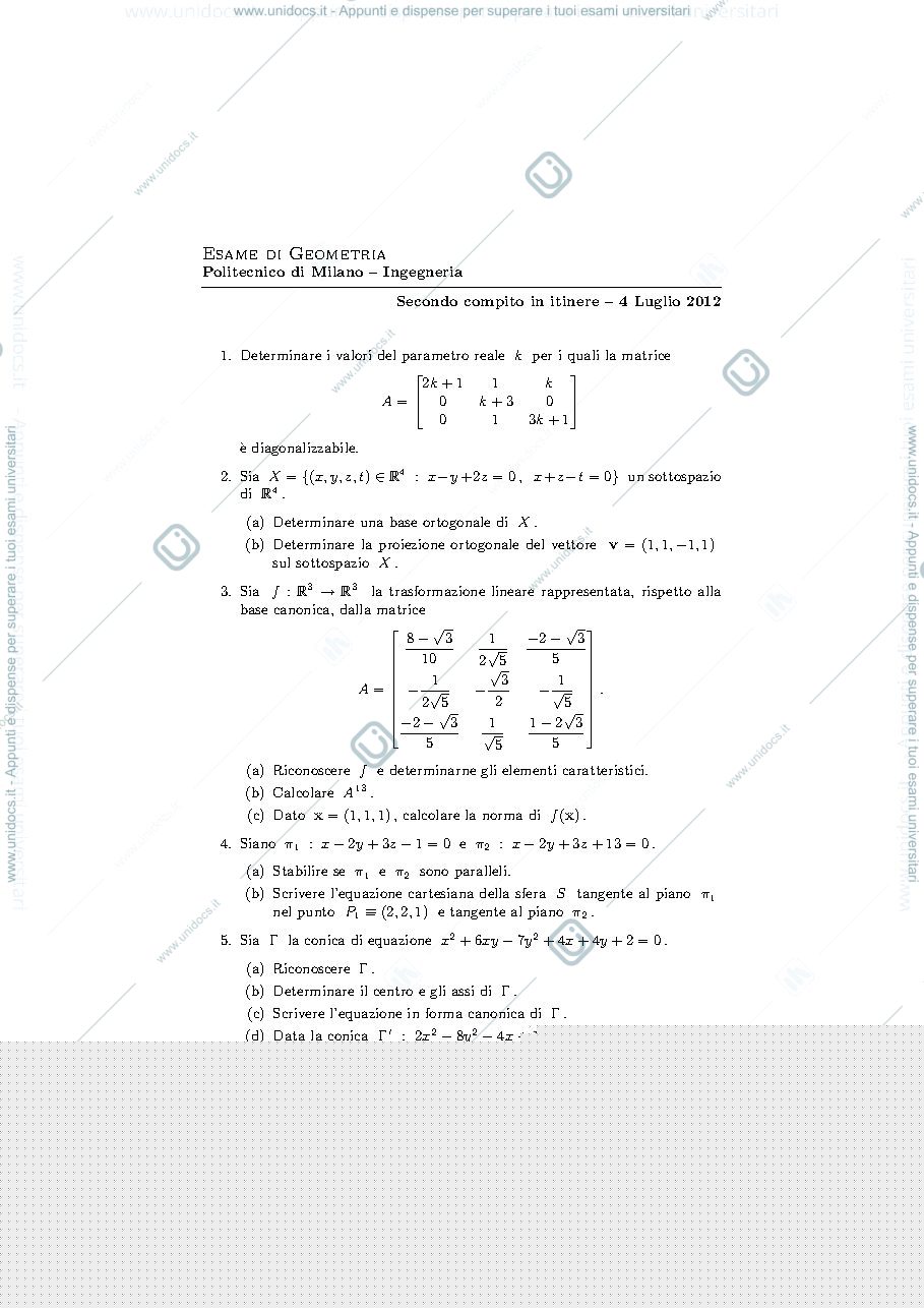 Anteprima pagina 1 — Testo e soluzione della II prova in itinere 2012 prof. Munarini