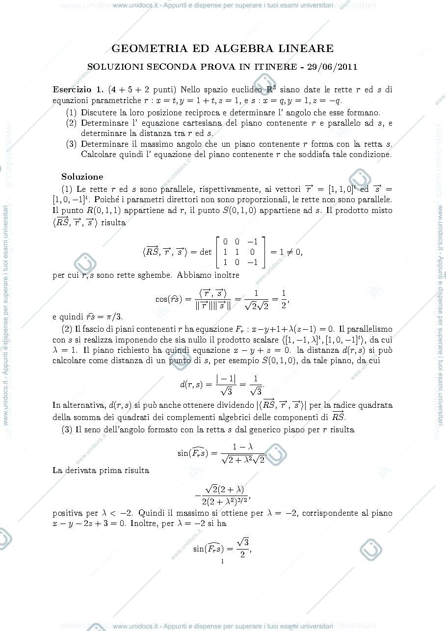 Anteprima pagina 1 — Testo e soluzione della II prova in itinere del 2011