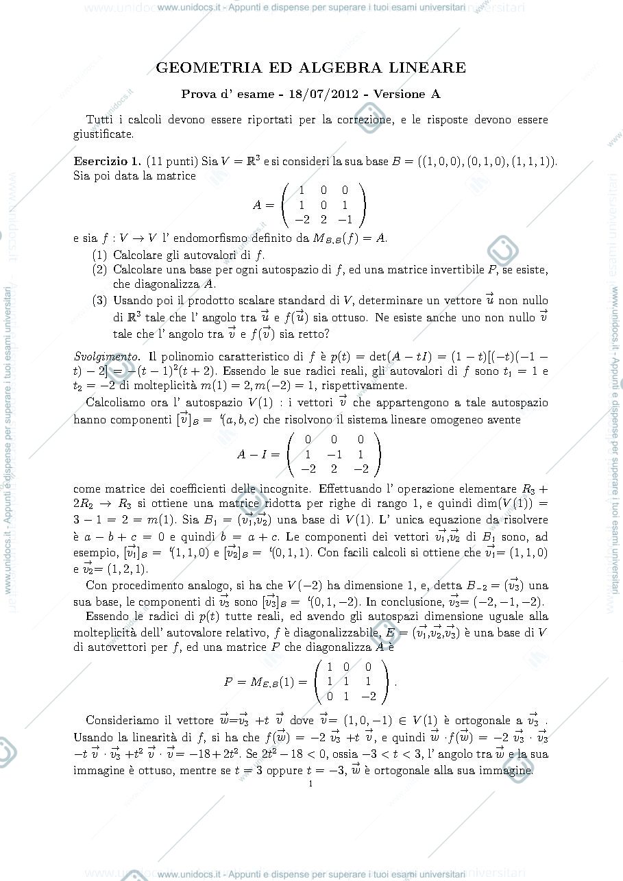 Anteprima pagina 1 — testo e soluzione del tema d'esame del luglio 2012 esame prof: Alessandra Cherubini