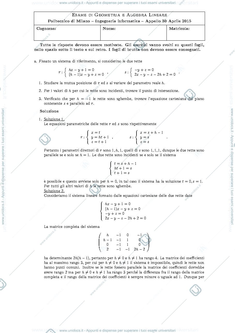 Anteprima pagina 1 — Testo e soluzione della I prova in itinere 2015 esame prof: Alessandra Cherubini