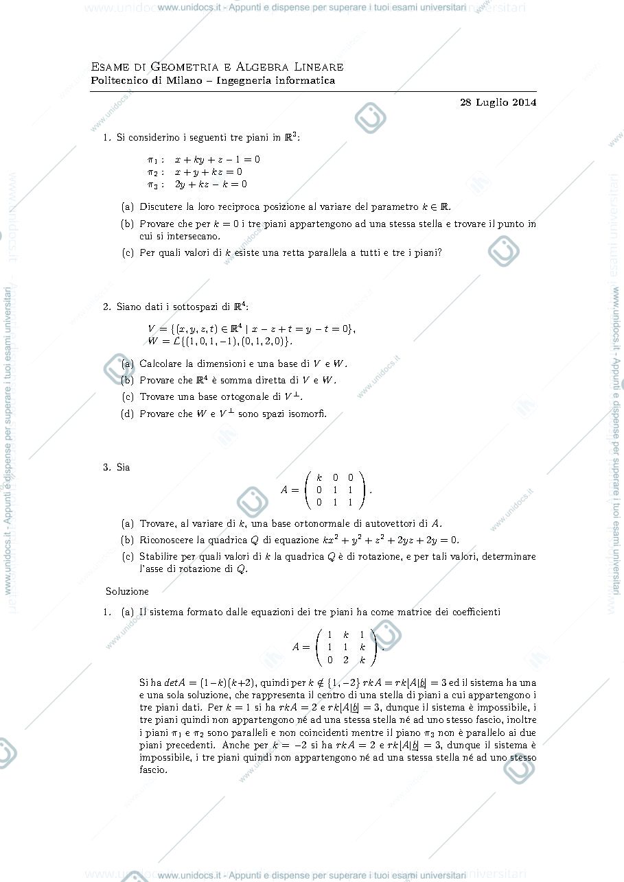 Anteprima pagina 1 — Testo e soluzione del compito del 28 luglio 2014 esame prof: Alessandra Cherubini