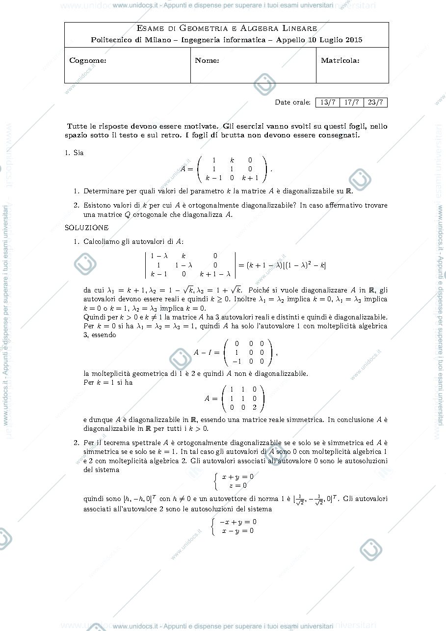 Anteprima pagina 1 — testo e soluzione della prova del 10 luglio 2015 esame prof: Alessandra Cherubini