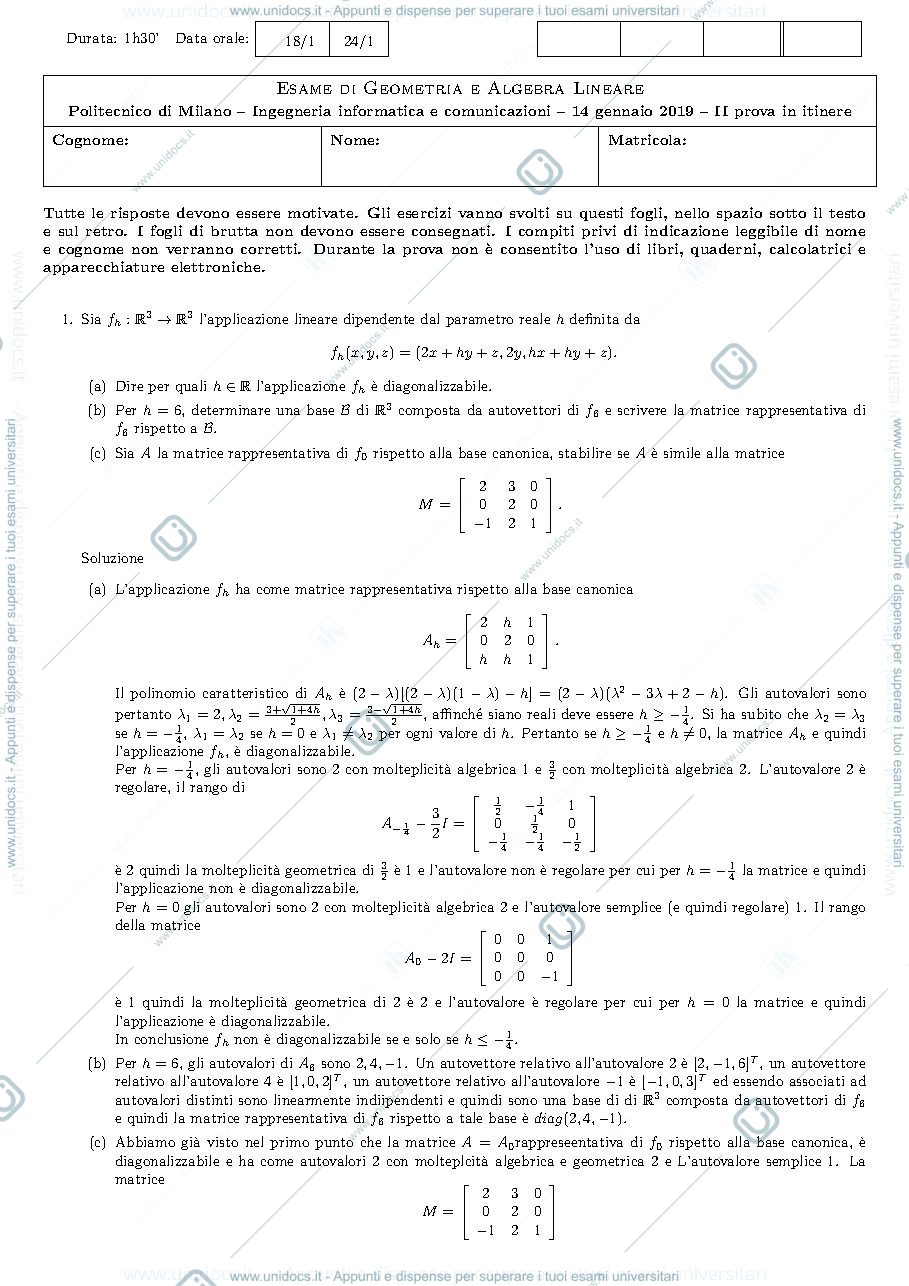 Anteprima pagina 1 — Testo e soluzione di una versione della prova del 14 gennaio 2019 esame prof: Alessandra Cherubini
