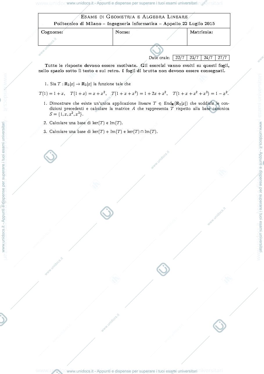 Anteprima pagina 1 — Testo e soluzione del compito del 22 luglio 2015 esame prof: Alessandra Cherubini