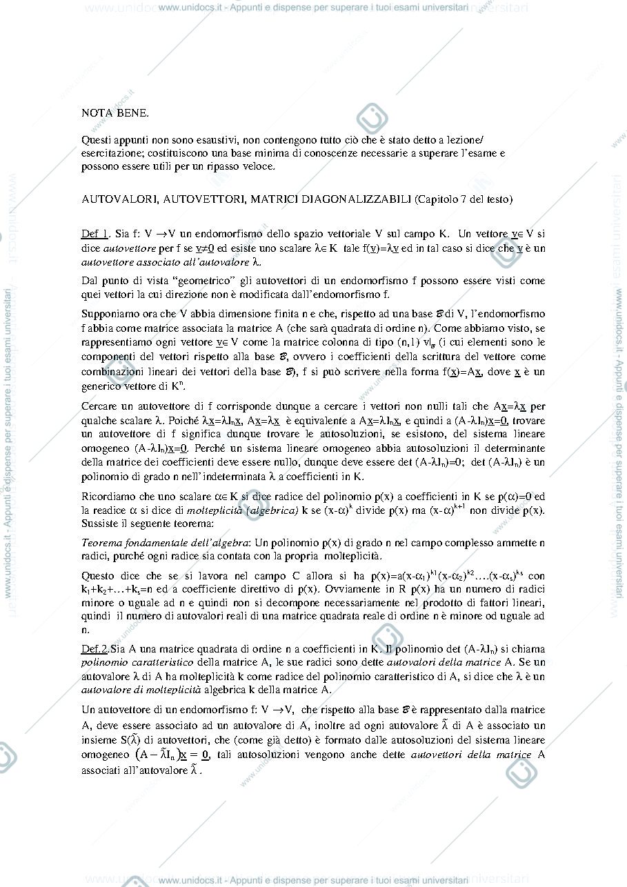 Anteprima pagina 1 — Nozioni base su autovalori, autovettori, diagonalizzazione e similitudine di matrici della prof: Alessandra Cherubini