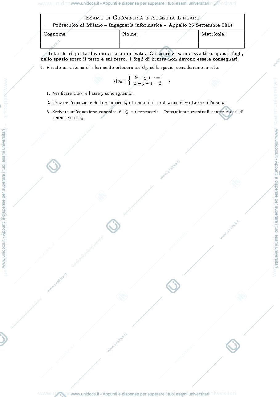 Anteprima pagina 1 — Testo e soluzione del compito del 25 settembre 2014 esame prof: Alessandra Cherubini