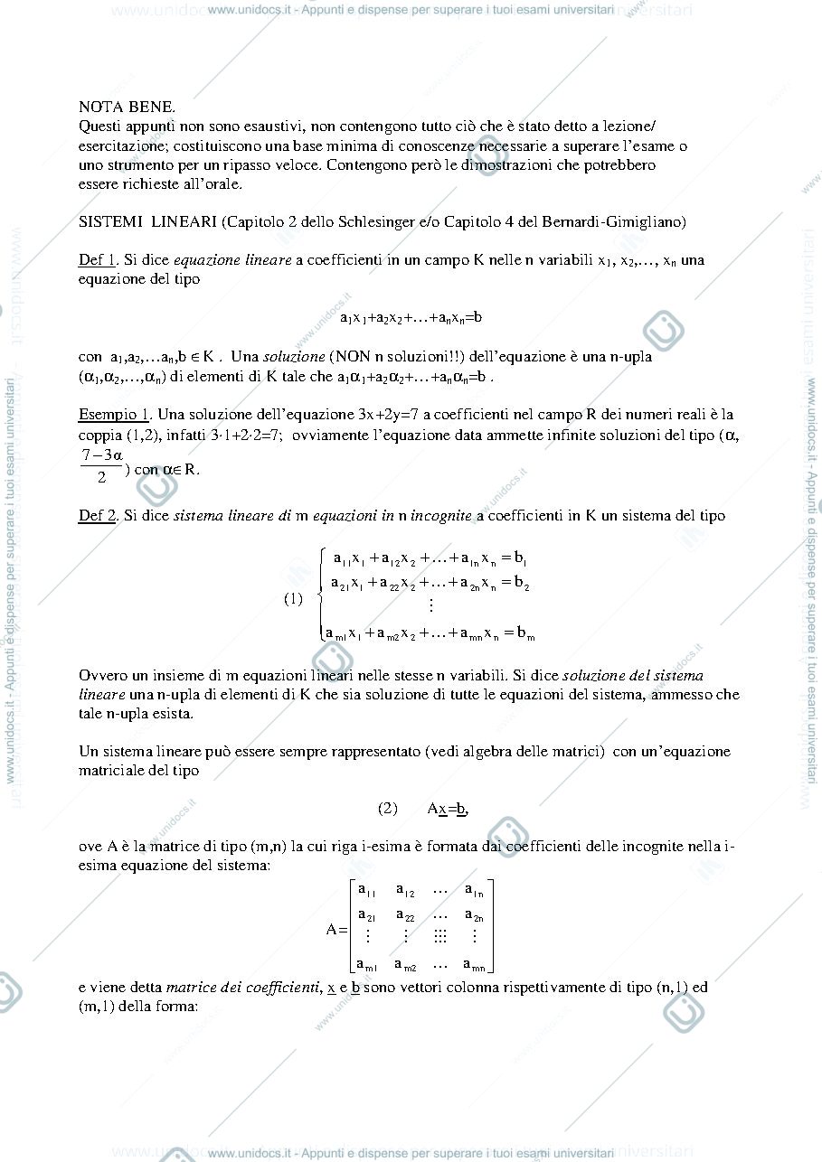 Anteprima pagina 1 — Nozioni base sui sistemi lineari della prof: Alessandra Cherubini