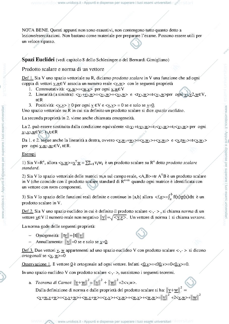 Anteprima pagina 1 — Nozioni base su spazi euclidei della prof: Alessandra Cherubini