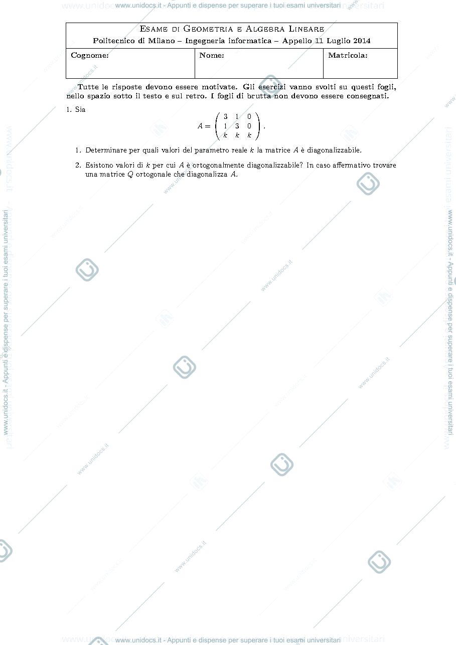 Anteprima pagina 1 — Testo e soluzione del compito del 7 luglio 2014 esame prof: Alessandra Cherubini