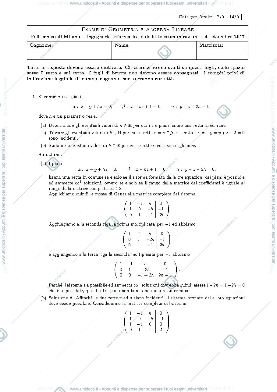 Anteprima pagina 1 — Testo e soluzione del compito del 7 febbraio 2017 esame prof: Alessandra Cherubini