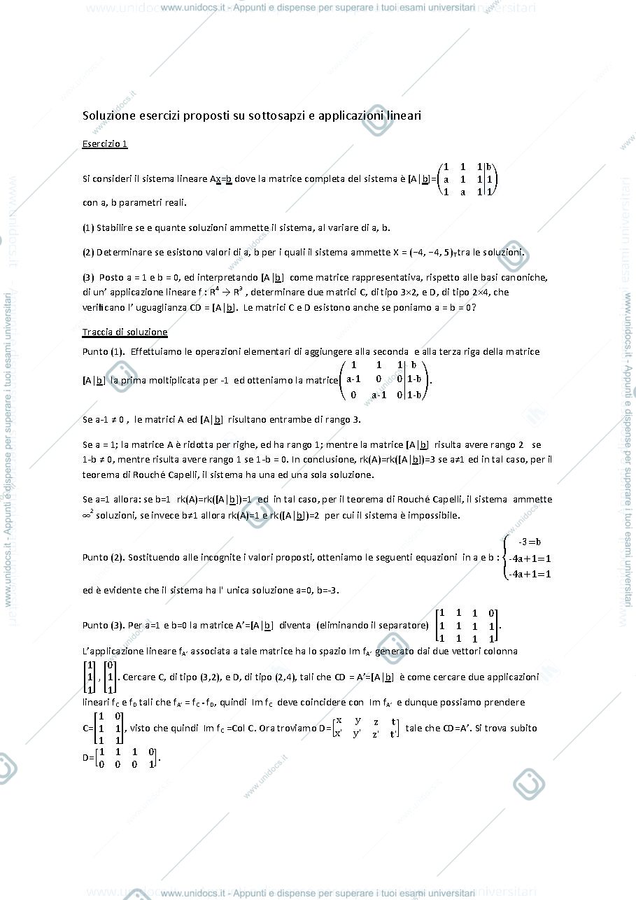 Anteprima pagina 1 — Esercizi su sottospazi e applicazioni lineari esercizi prof: Alessandra Cherubini