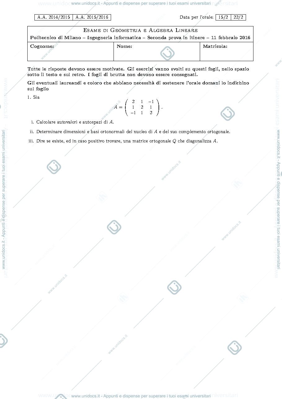 Anteprima pagina 1 — Testo e soluzione II prova in itinere 2016 (con esercizio integrativo) esame prof: Alessandra Cherubini