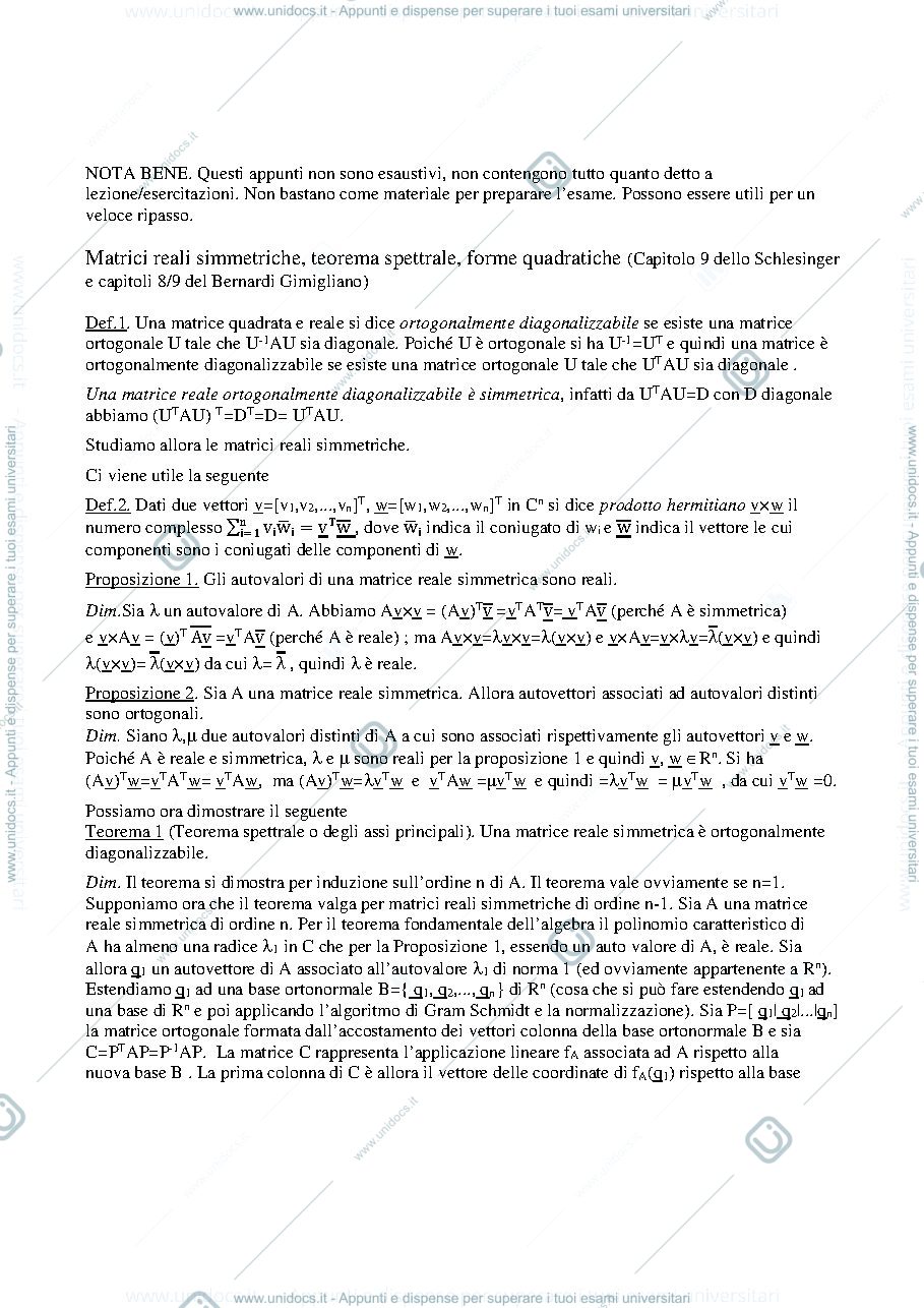 Anteprima pagina 1 — Nozioni base su teorema spettrale, forme quadratiche e applicazioni della prof: Alessandra Cherubini