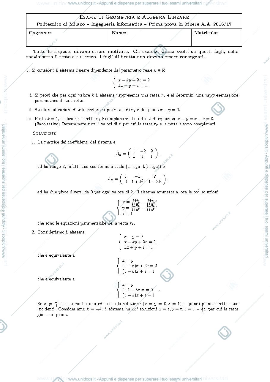 Anteprima pagina 1 — Testo e traccia di soluzione I prova in itinere 2016-17 esame prof: Alessandra Cherubini