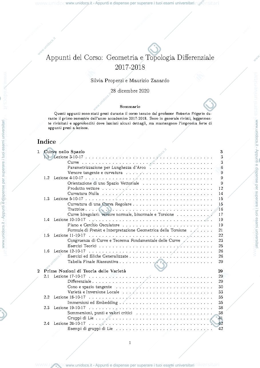 Anteprima pagina 1 — Appunti del Corso:  Geometria e Topologia Differenziale 2017-2018