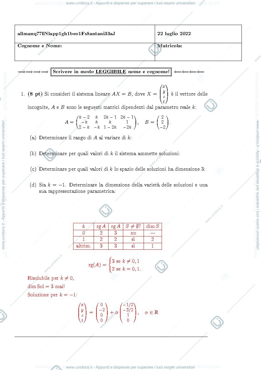 Anteprima pagina 1 — esame di geometria lineare 