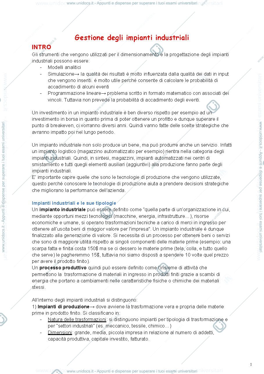 Anteprima pagina 1 — Gestione degli Impianti industriali Dispensa