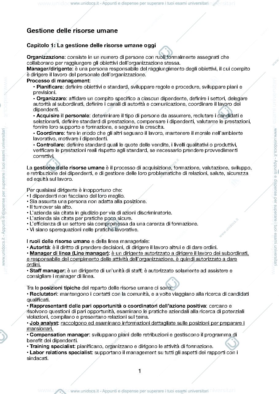 Anteprima pagina 1 — Appunti Gestione risorse umane
