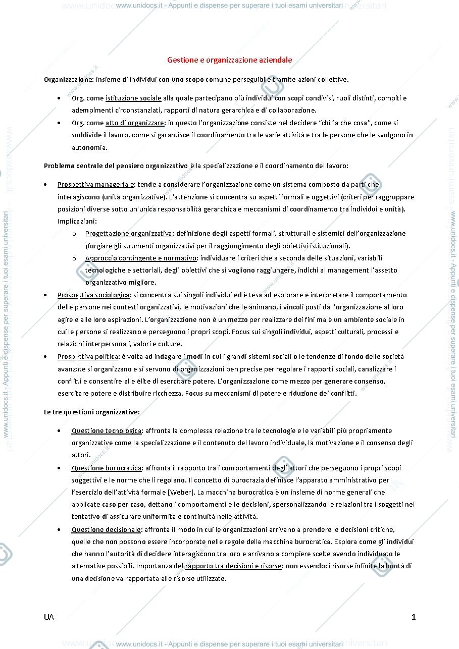 Anteprima pagina 1 — Appunti di Gestione e organizzazione aziendale. Prof. Federico Cattaneo