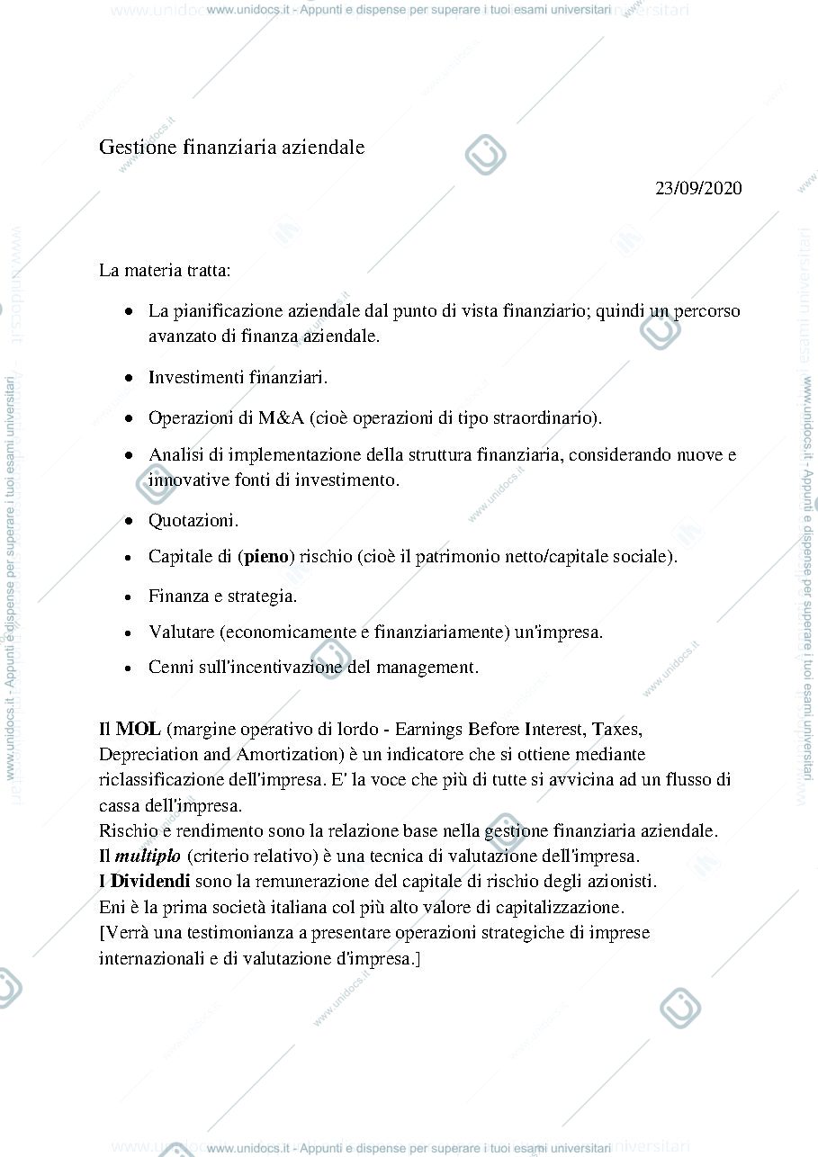 Anteprima pagina 1 — Gestione Finanziaria aziendale - appunti