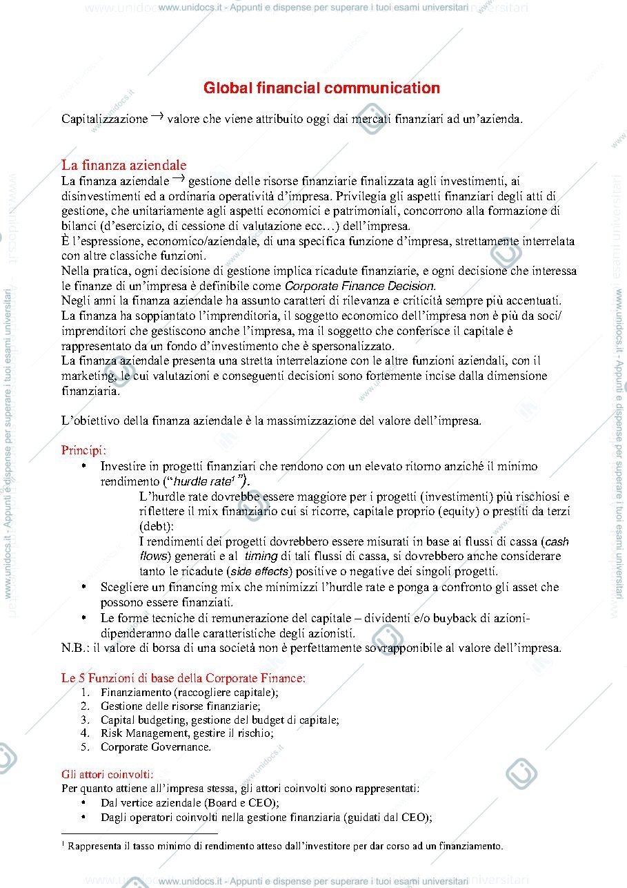 Anteprima pagina 1 — Appunti lezioni global financial communication 